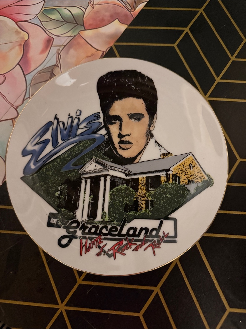 Elvis Graceland Decorative Plate - White with Multi-Color Graphic
